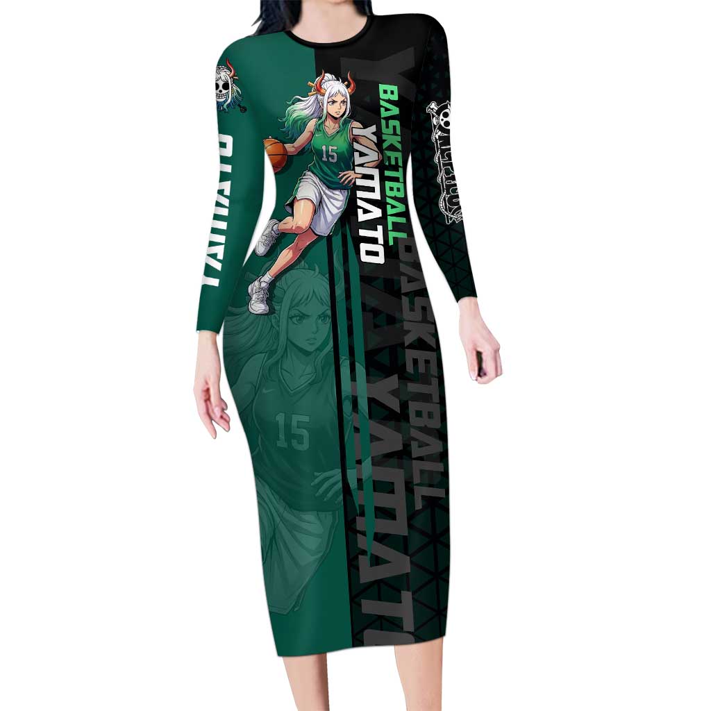 Yamato One Piece Basketball Theme Green and Black Design Long Sleeve Bodycon Dress with Oni Mask Emblem and Dynamic Pose - The Mazicc