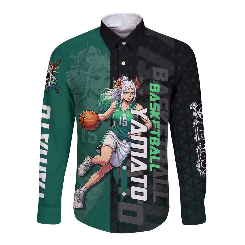 Yamato One Piece Basketball Theme Green and Black Design Long Sleeve Button Shirt with Oni Mask Emblem and Dynamic Pose - The Mazicc