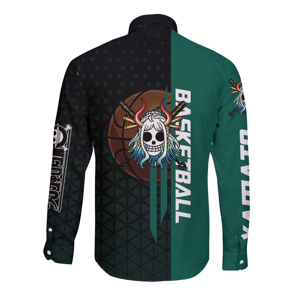 Yamato One Piece Basketball Theme Green and Black Design Long Sleeve Button Shirt with Oni Mask Emblem and Dynamic Pose - The Mazicc