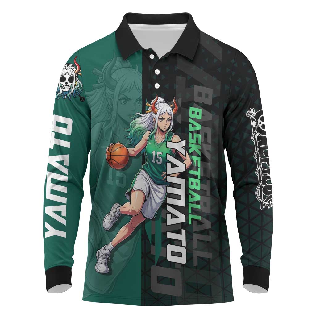 Yamato One Piece Basketball Theme Green and Black Design Long Sleeve Polo Shirt with Oni Mask Emblem and Dynamic Pose - The Mazicc