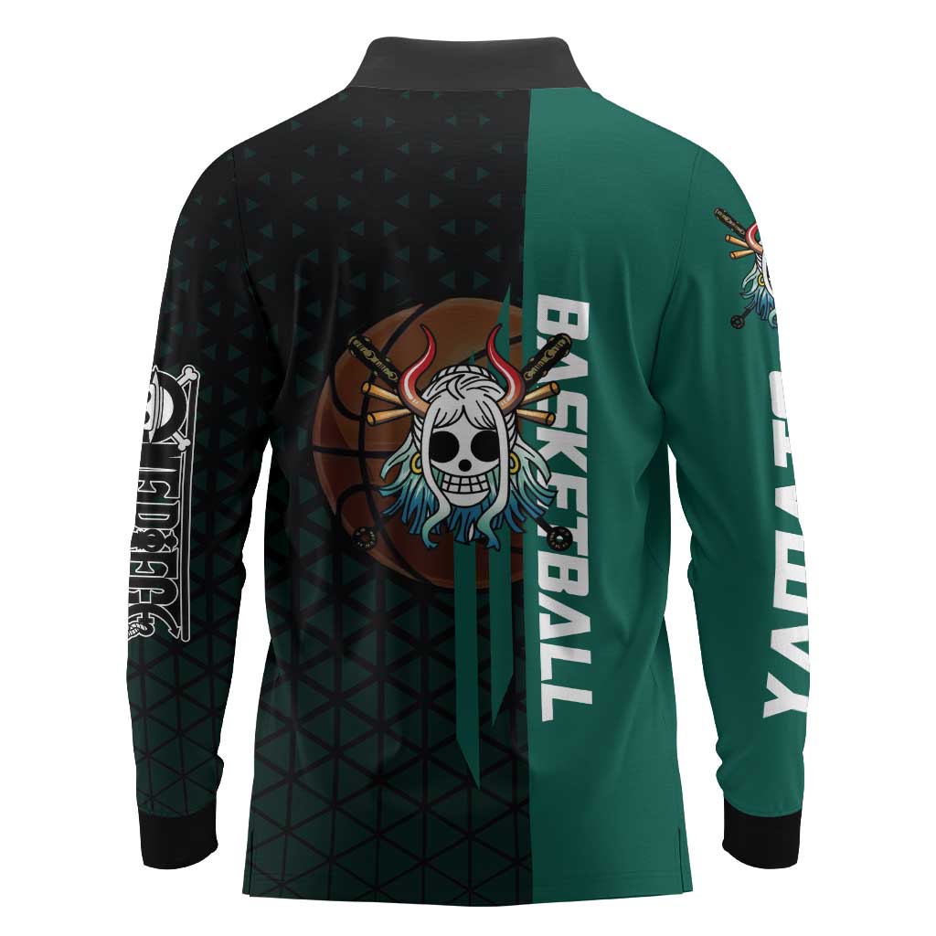 Yamato One Piece Basketball Theme Green and Black Design Long Sleeve Polo Shirt with Oni Mask Emblem and Dynamic Pose - The Mazicc