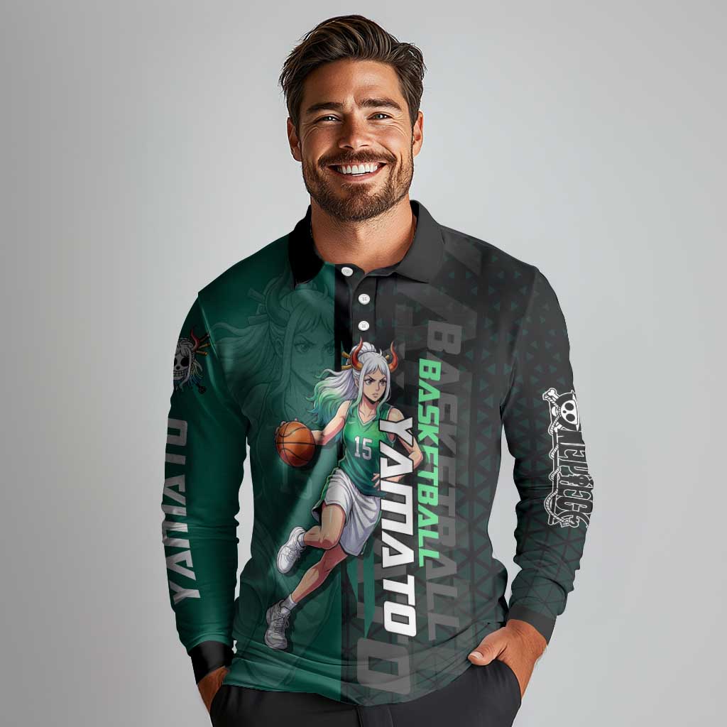 Yamato One Piece Basketball Theme Green and Black Design Long Sleeve Polo Shirt with Oni Mask Emblem and Dynamic Pose - The Mazicc