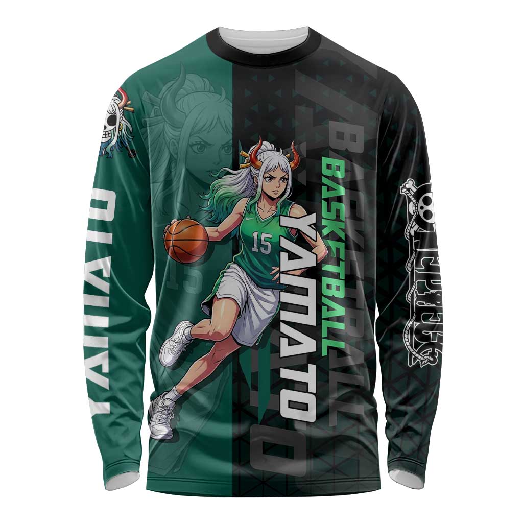 Yamato One Piece Basketball Theme Green and Black Design Long Sleeve Shirt with Oni Mask Emblem and Dynamic Pose - The Mazicc