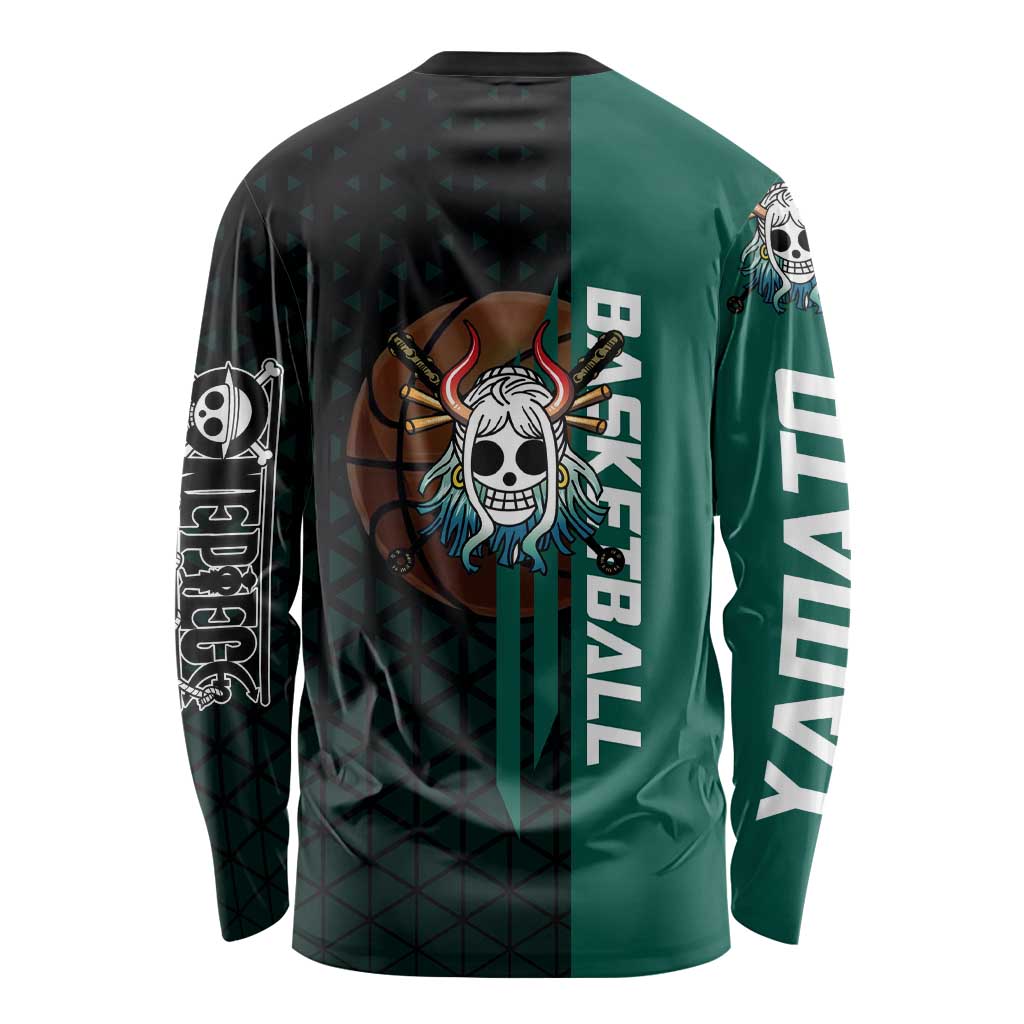 Yamato One Piece Basketball Theme Green and Black Design Long Sleeve Shirt with Oni Mask Emblem and Dynamic Pose - The Mazicc