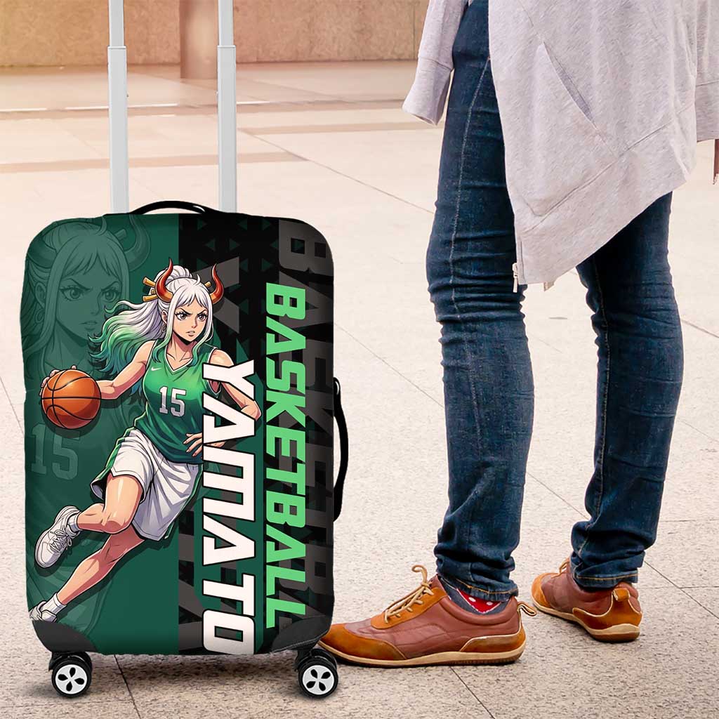 Yamato One Piece Basketball Theme Green and Black Design Luggage Cover with Oni Mask Emblem and Dynamic Pose - The Mazicc