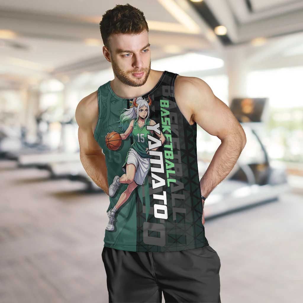 Yamato One Piece Basketball Theme Green and Black Design Men Tank Top with Oni Mask Emblem and Dynamic Pose - The Mazicc