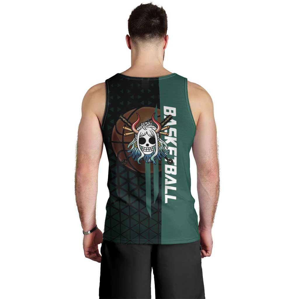 Yamato One Piece Basketball Theme Green and Black Design Men Tank Top with Oni Mask Emblem and Dynamic Pose - The Mazicc