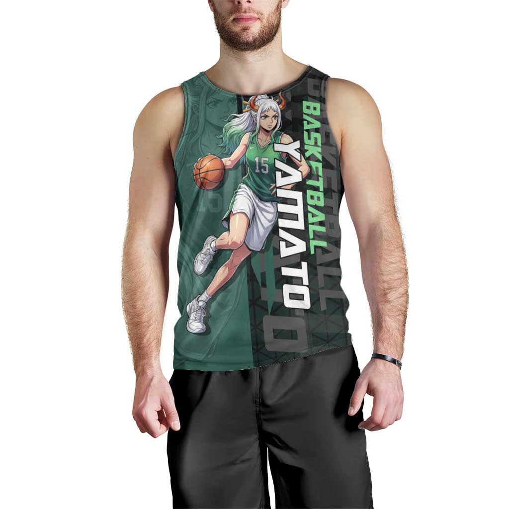 Yamato One Piece Basketball Theme Green and Black Design Men Tank Top with Oni Mask Emblem and Dynamic Pose - The Mazicc