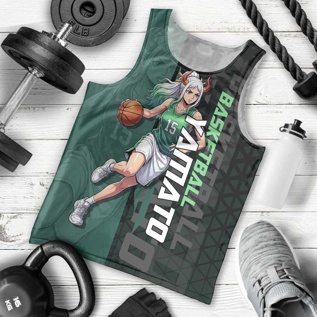 Yamato One Piece Basketball Theme Green and Black Design Men Tank Top with Oni Mask Emblem and Dynamic Pose - The Mazicc