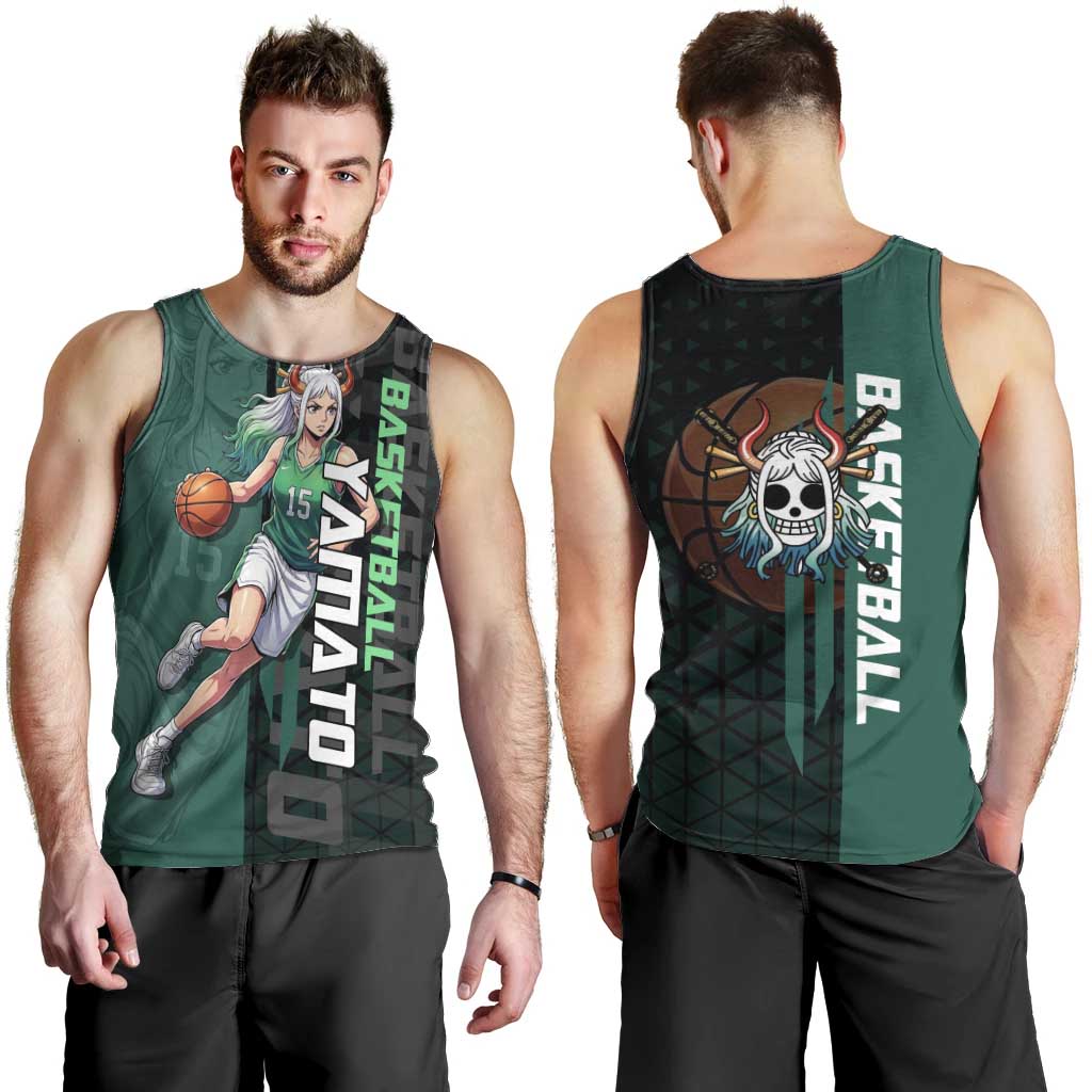 Yamato One Piece Basketball Theme Green and Black Design Men Tank Top with Oni Mask Emblem and Dynamic Pose - The Mazicc
