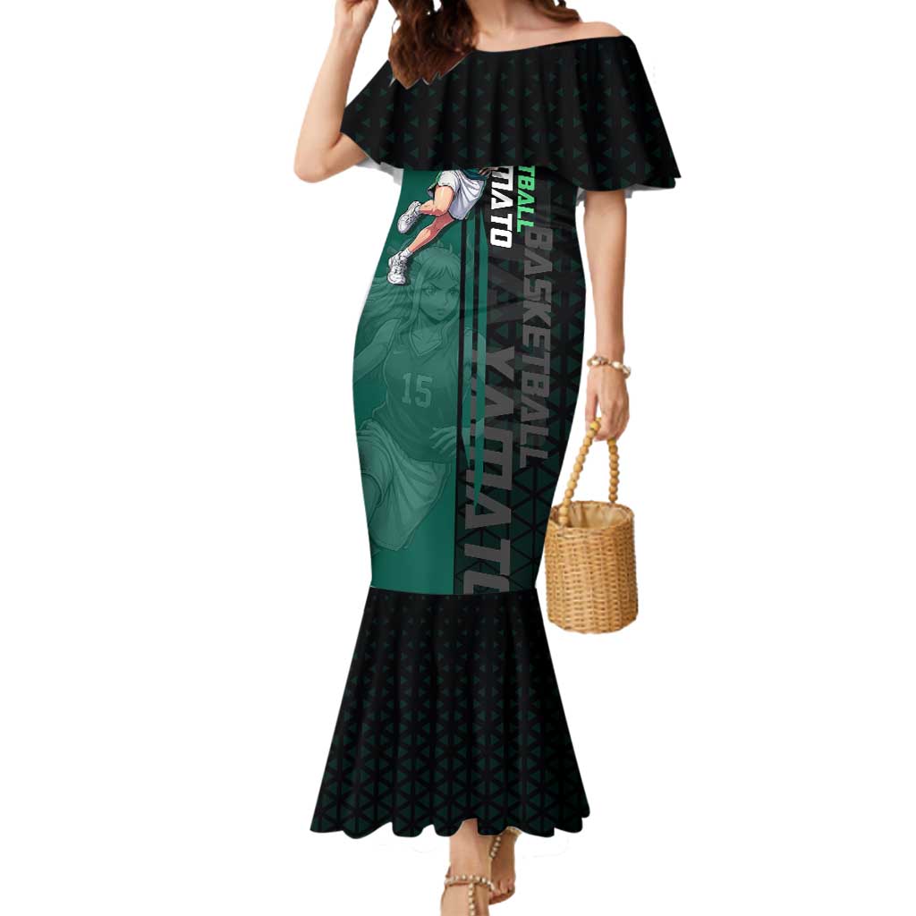 Yamato One Piece Basketball Theme Green and Black Design Mermaid Dress with Oni Mask Emblem and Dynamic Pose - The Mazicc