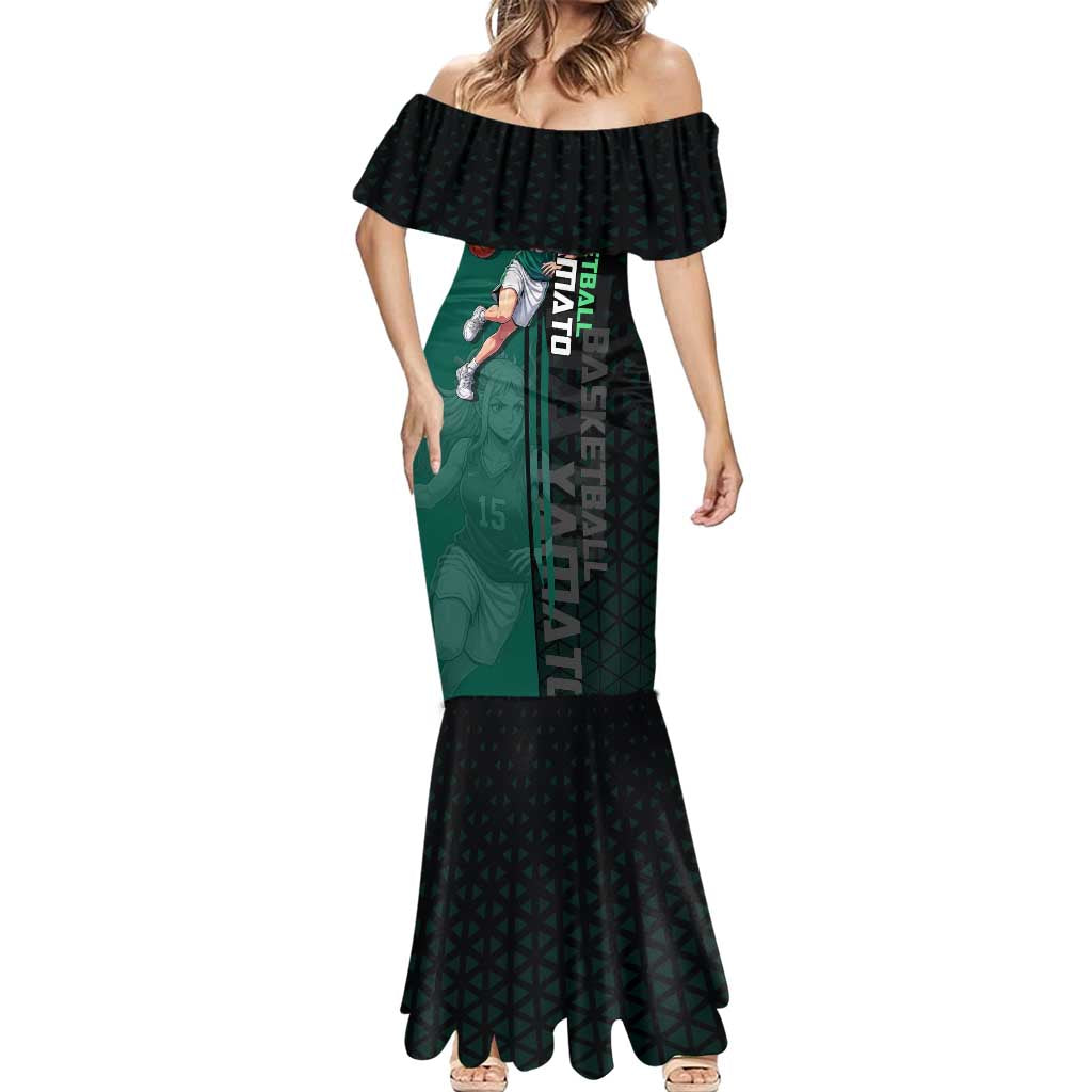 Yamato One Piece Basketball Theme Green and Black Design Mermaid Dress with Oni Mask Emblem and Dynamic Pose - The Mazicc