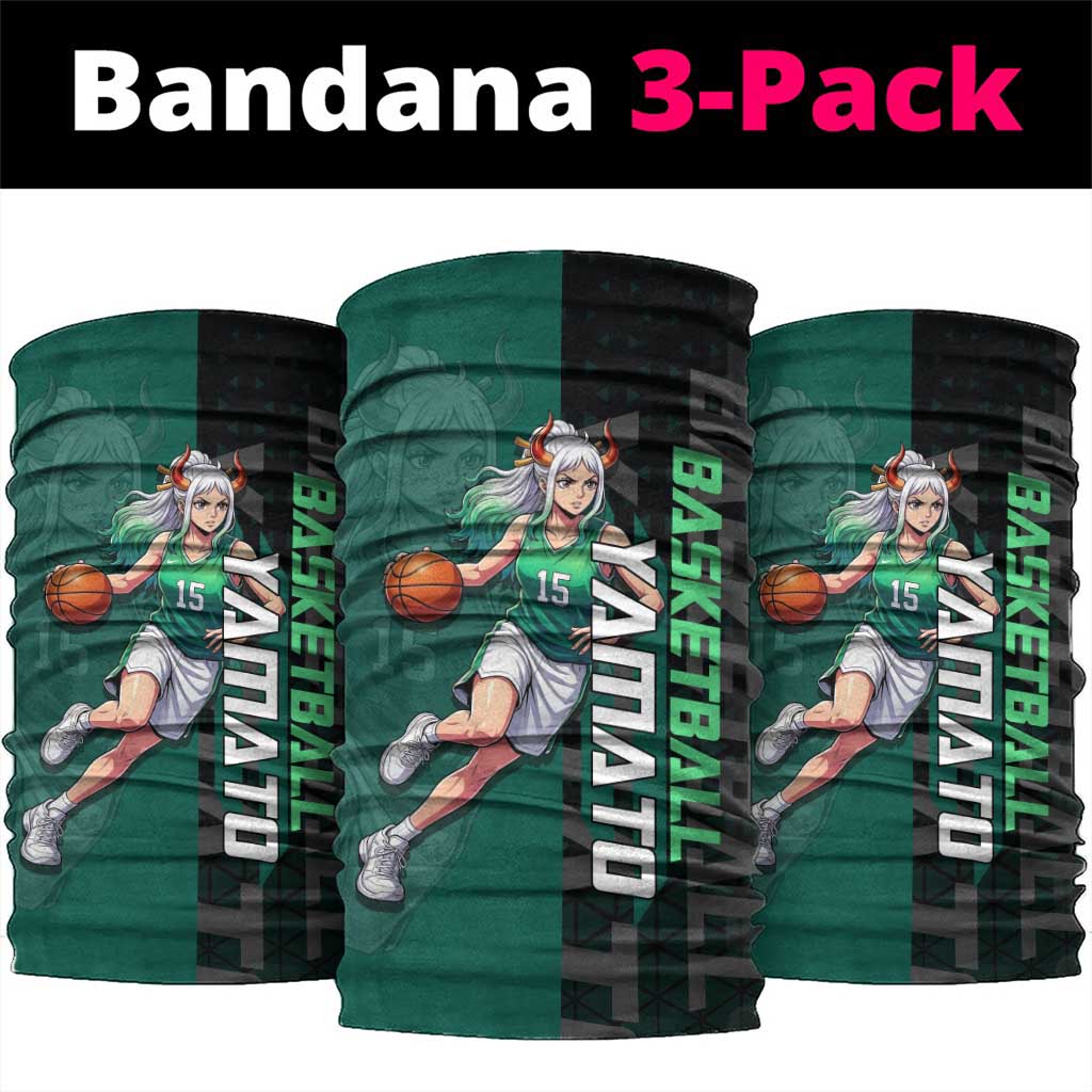Yamato One Piece Basketball Theme Green and Black Design Neck Gaiter with Oni Mask Emblem and Dynamic Pose - The Mazicc