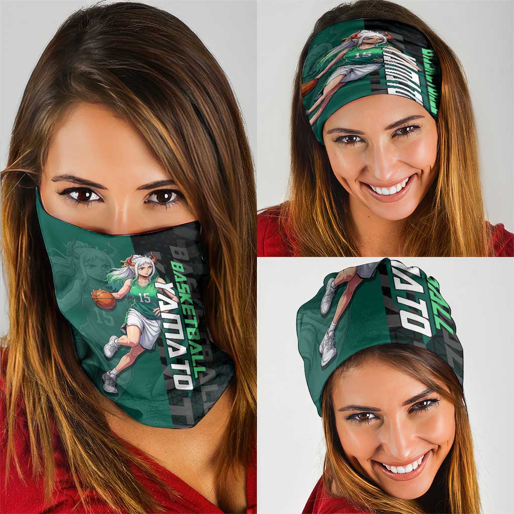 Yamato One Piece Basketball Theme Green and Black Design Neck Gaiter with Oni Mask Emblem and Dynamic Pose - The Mazicc