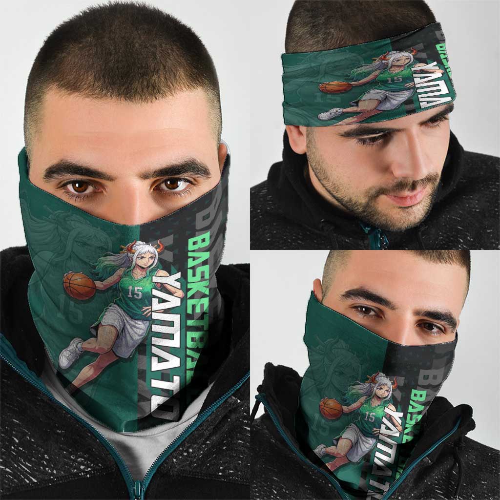 Yamato One Piece Basketball Theme Green and Black Design Neck Gaiter with Oni Mask Emblem and Dynamic Pose - The Mazicc