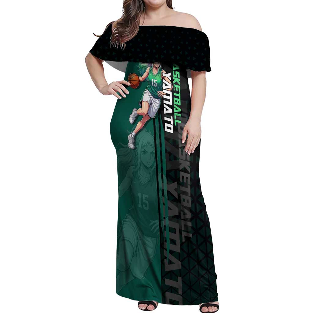 Yamato One Piece Basketball Theme Green and Black Design Off Shoulder Maxi Dress with Oni Mask Emblem and Dynamic Pose - The Mazicc