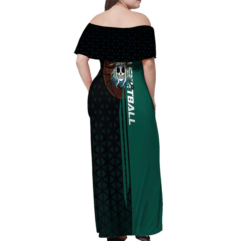 Yamato One Piece Basketball Theme Green and Black Design Off Shoulder Maxi Dress with Oni Mask Emblem and Dynamic Pose - The Mazicc