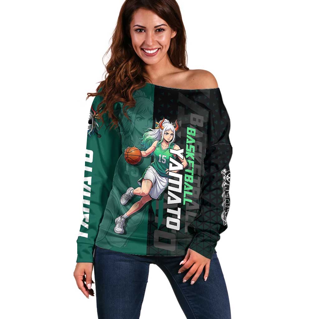 Yamato One Piece Basketball Theme Green and Black Design Off Shoulder Sweater with Oni Mask Emblem and Dynamic Pose - The Mazicc