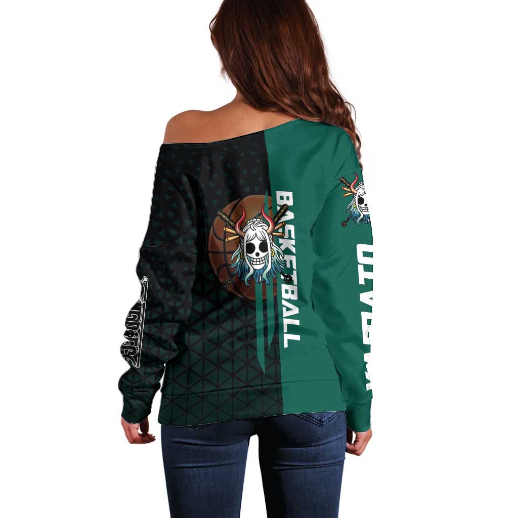 Yamato One Piece Basketball Theme Green and Black Design Off Shoulder Sweater with Oni Mask Emblem and Dynamic Pose - The Mazicc