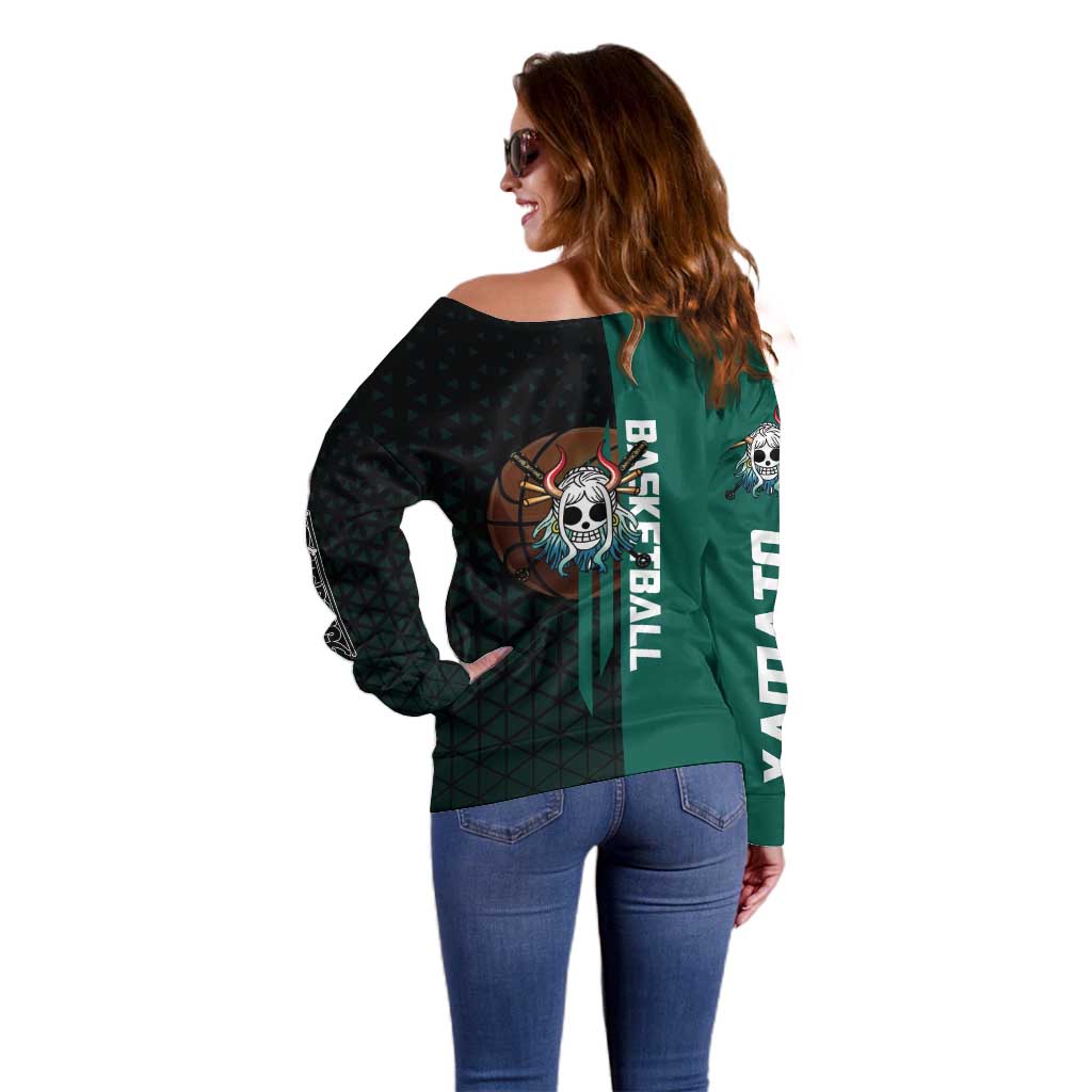 Yamato One Piece Basketball Theme Green and Black Design Off Shoulder Sweater with Oni Mask Emblem and Dynamic Pose - The Mazicc