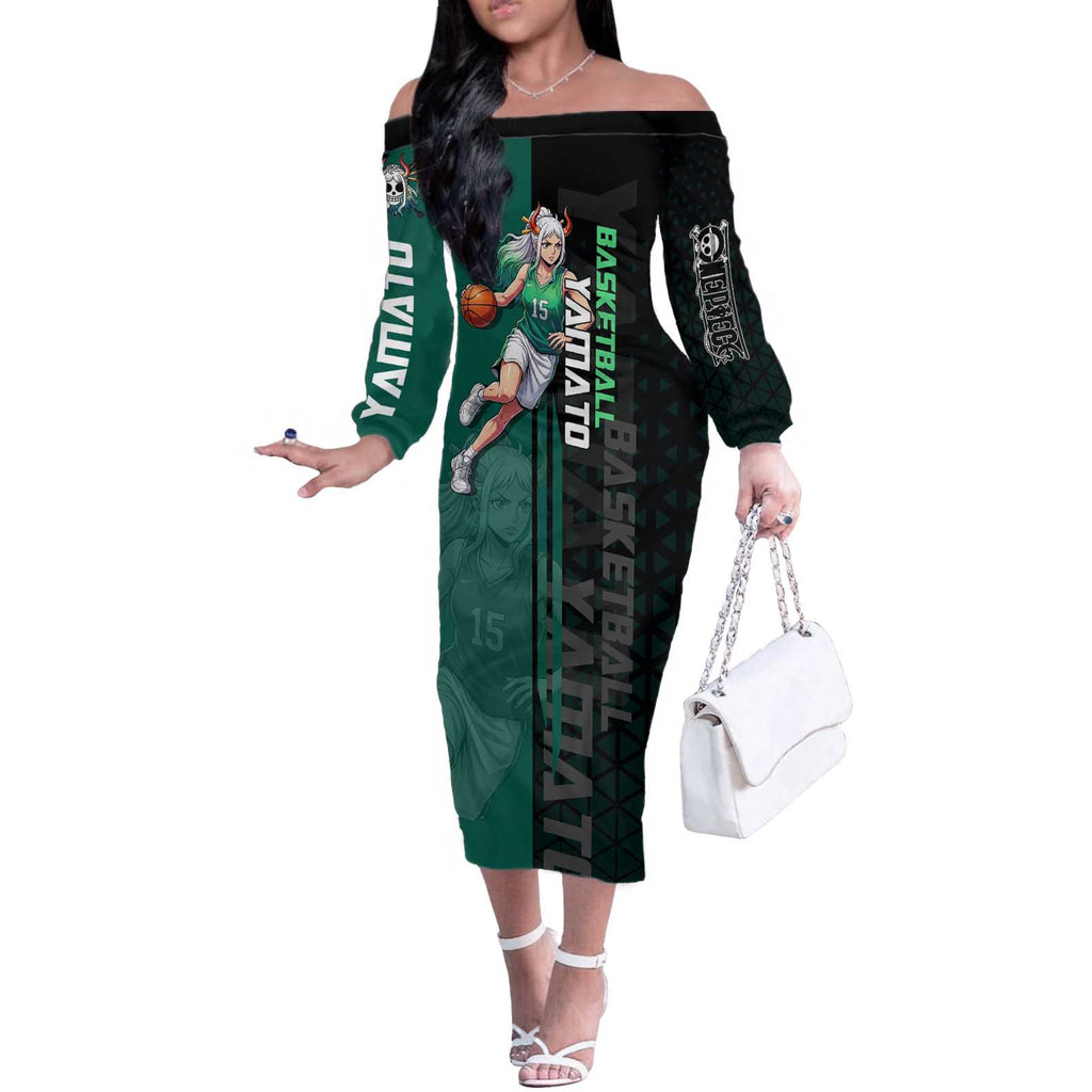 Yamato One Piece Basketball Theme Green and Black Design Off The Shoulder Long Sleeve Dress with Oni Mask Emblem and Dynamic Pose - The Mazicc