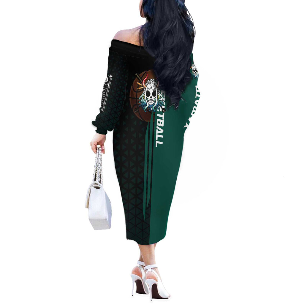 Yamato One Piece Basketball Theme Green and Black Design Off The Shoulder Long Sleeve Dress with Oni Mask Emblem and Dynamic Pose - The Mazicc