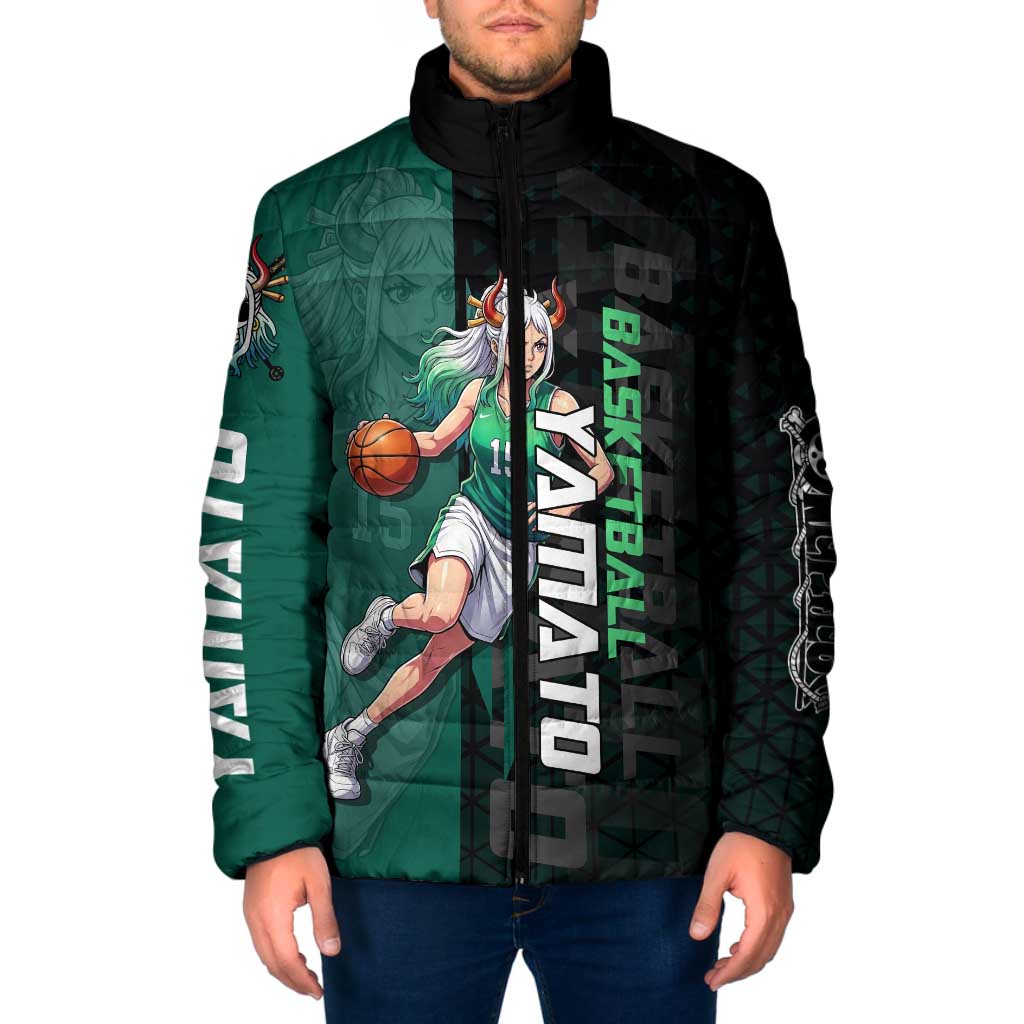 Yamato One Piece Basketball Theme Green and Black Design Padded Jacket with Oni Mask Emblem and Dynamic Pose - The Mazicc
