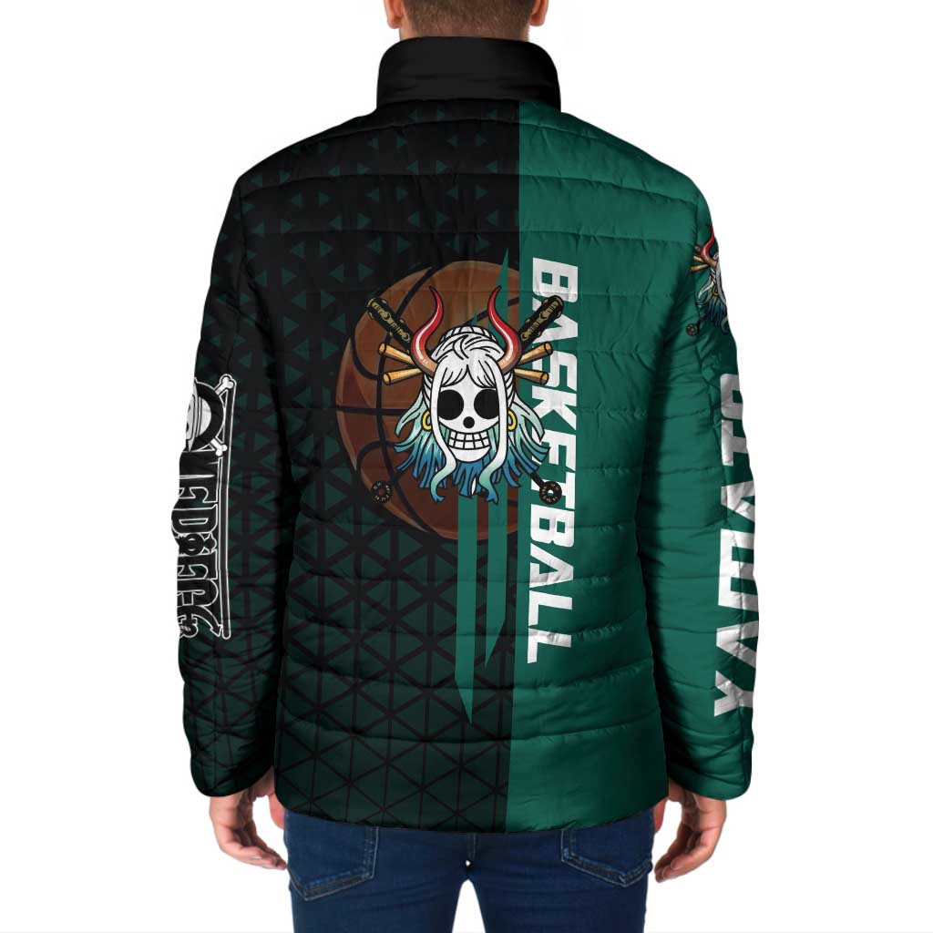 Yamato One Piece Basketball Theme Green and Black Design Padded Jacket with Oni Mask Emblem and Dynamic Pose - The Mazicc