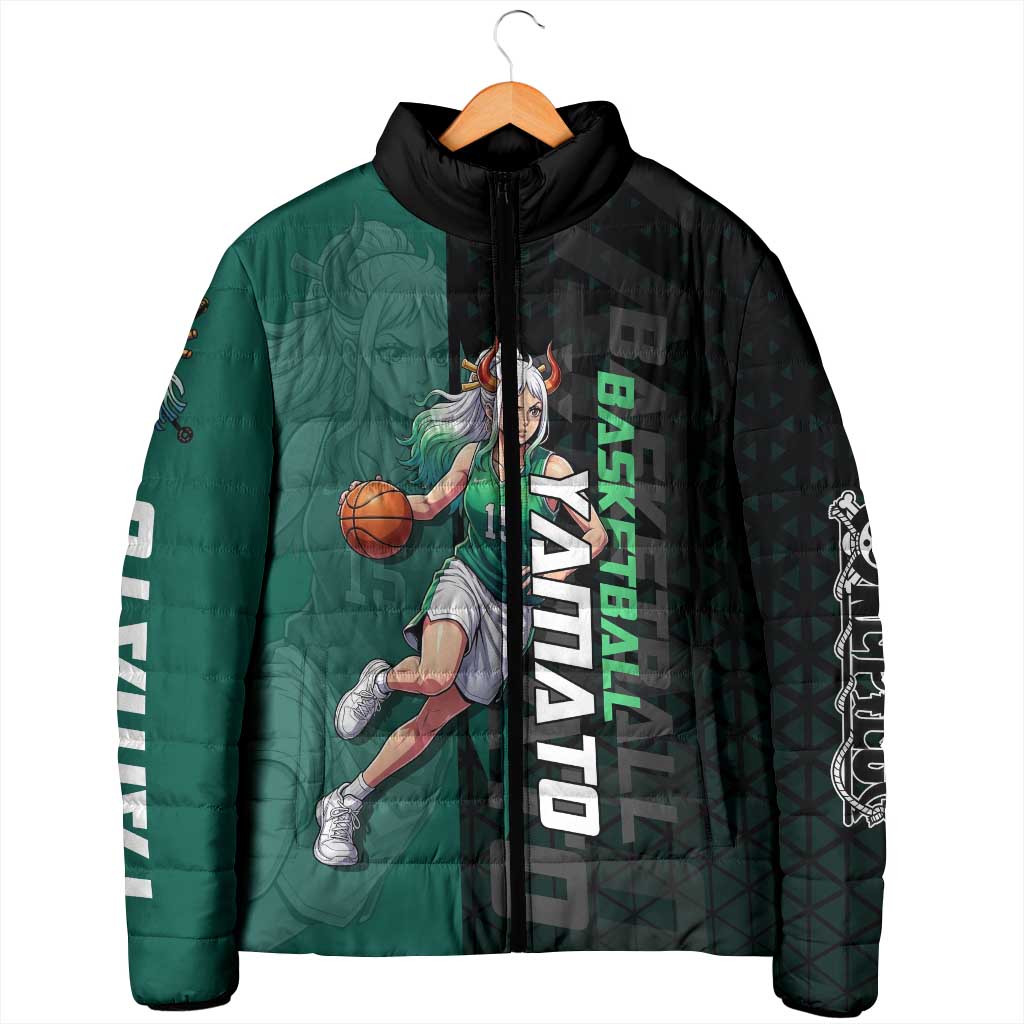 Yamato One Piece Basketball Theme Green and Black Design Padded Jacket with Oni Mask Emblem and Dynamic Pose - The Mazicc
