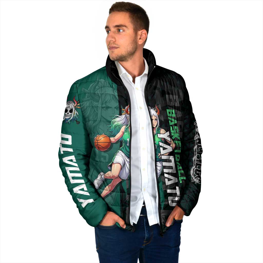Yamato One Piece Basketball Theme Green and Black Design Padded Jacket with Oni Mask Emblem and Dynamic Pose - The Mazicc
