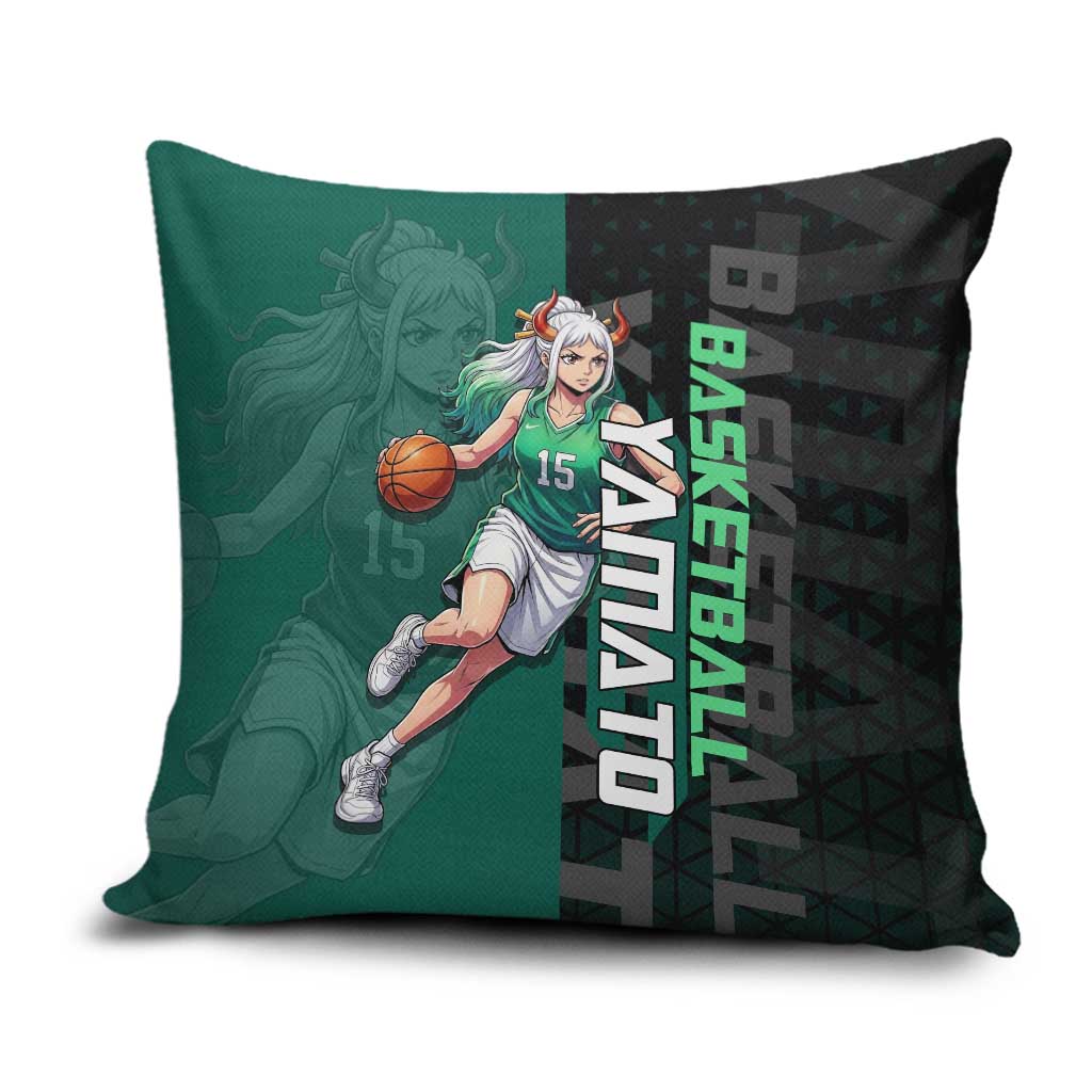 Yamato One Piece Basketball Theme Green and Black Design Pillow Cover with Oni Mask Emblem and Dynamic Pose - The Mazicc