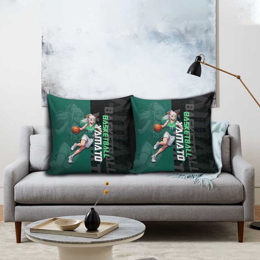 Yamato One Piece Basketball Theme Green and Black Design Pillow Cover with Oni Mask Emblem and Dynamic Pose - The Mazicc