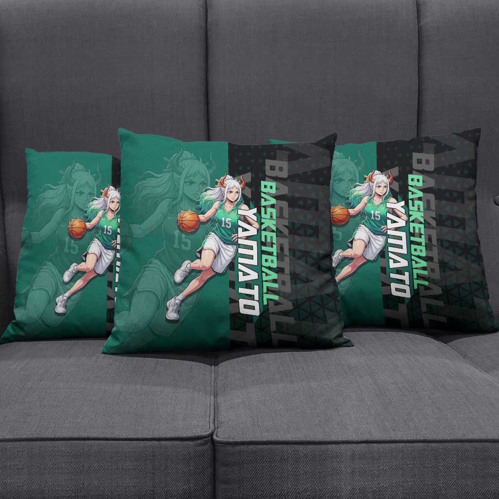 Yamato One Piece Basketball Theme Green and Black Design Pillow Cover with Oni Mask Emblem and Dynamic Pose - The Mazicc