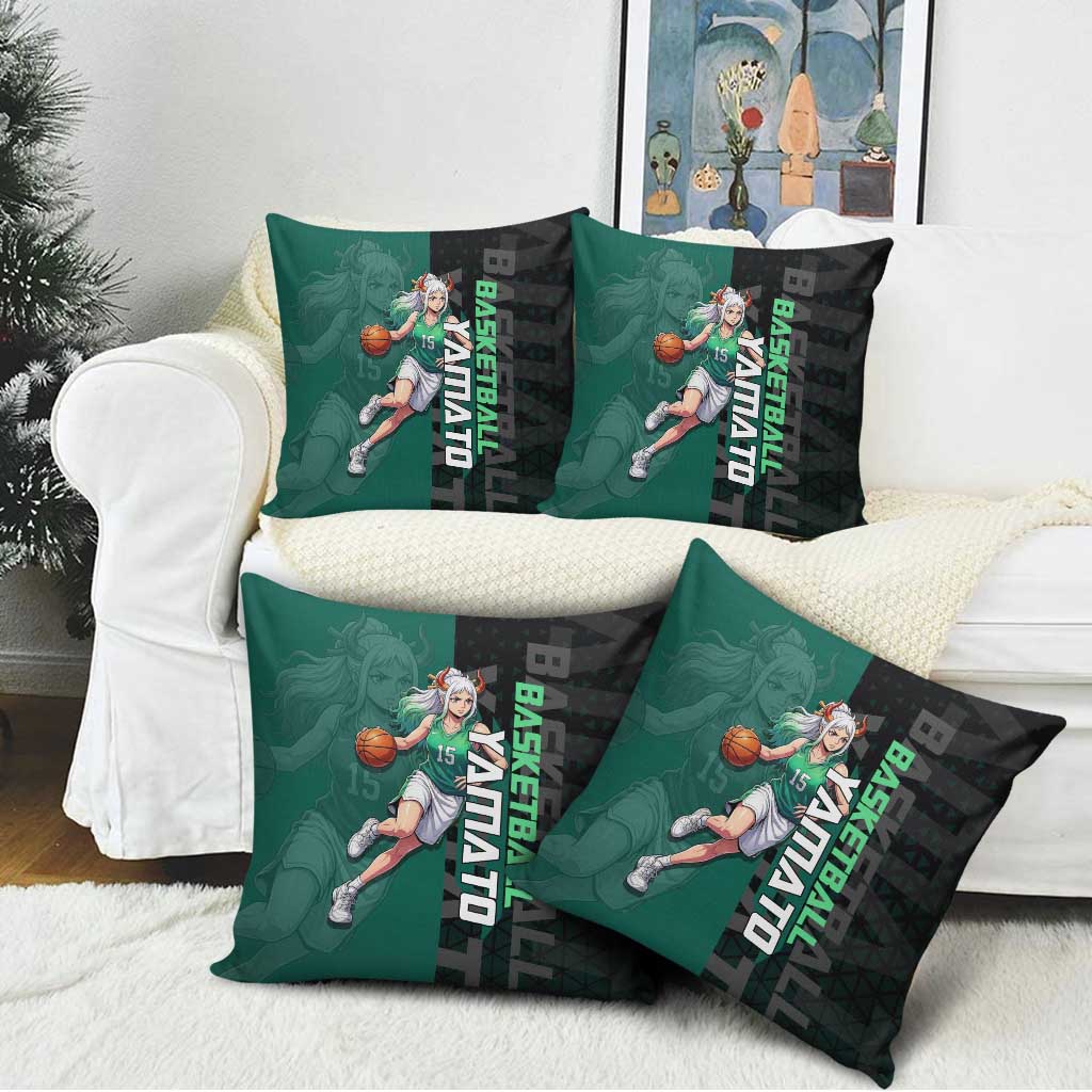 Yamato One Piece Basketball Theme Green and Black Design Pillow Cover with Oni Mask Emblem and Dynamic Pose - The Mazicc