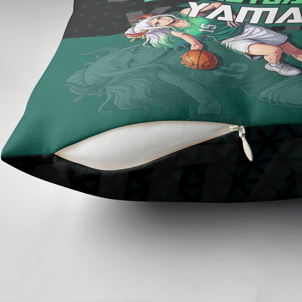 Yamato One Piece Basketball Theme Green and Black Design Pillow Cover with Oni Mask Emblem and Dynamic Pose - The Mazicc
