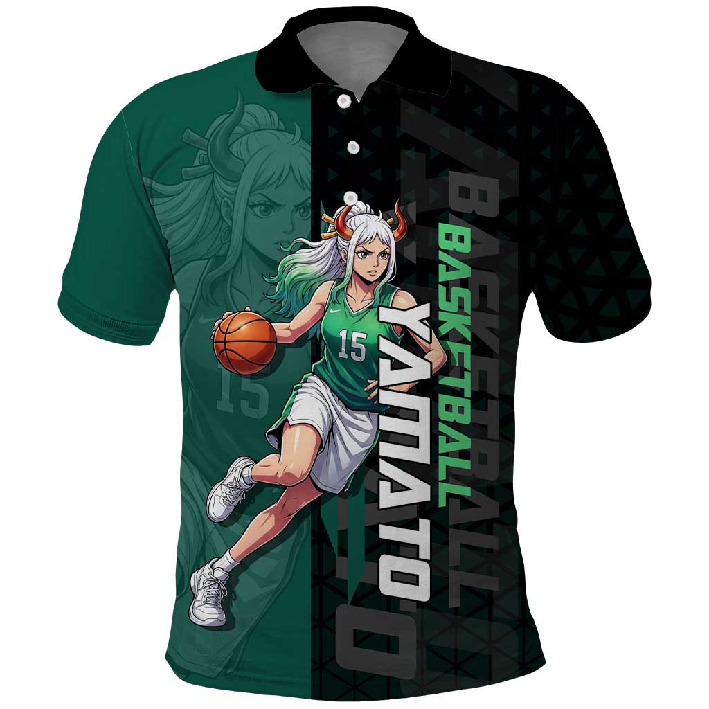 Yamato One Piece Basketball Theme Green and Black Design Polo Shirt with Oni Mask Emblem and Dynamic Pose - The Mazicc