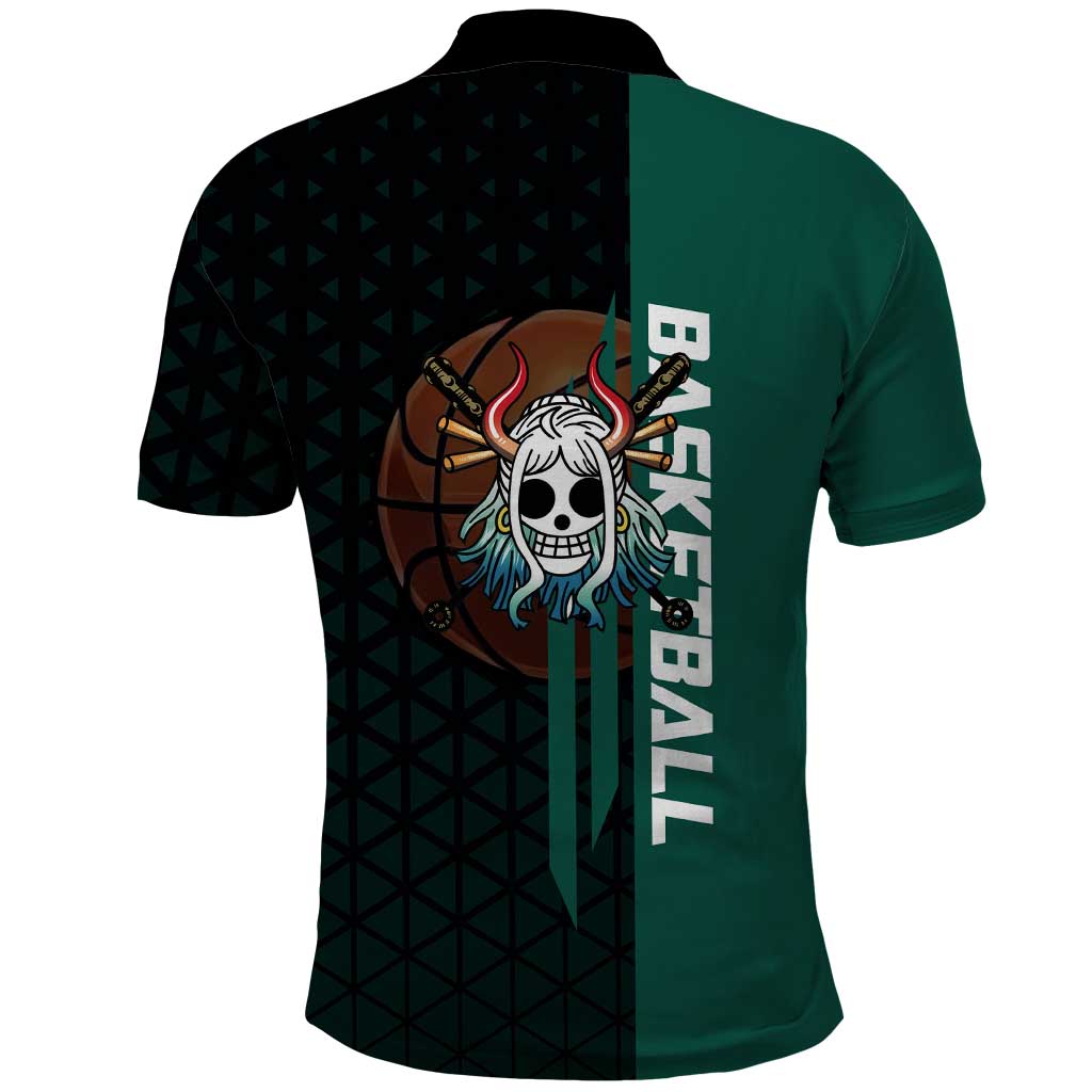 Yamato One Piece Basketball Theme Green and Black Design Polo Shirt with Oni Mask Emblem and Dynamic Pose - The Mazicc