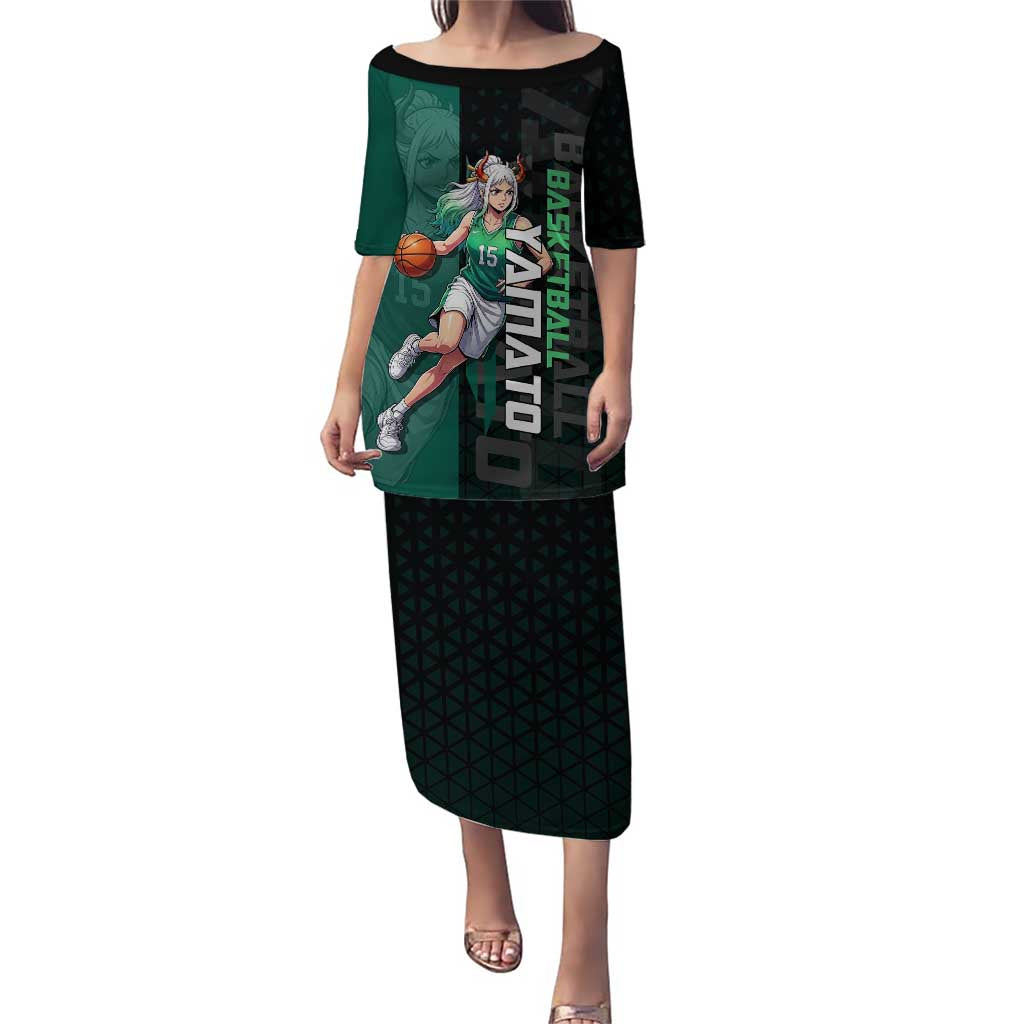 Yamato One Piece Basketball Theme Green and Black Design Puletasi with Oni Mask Emblem and Dynamic Pose - The Mazicc