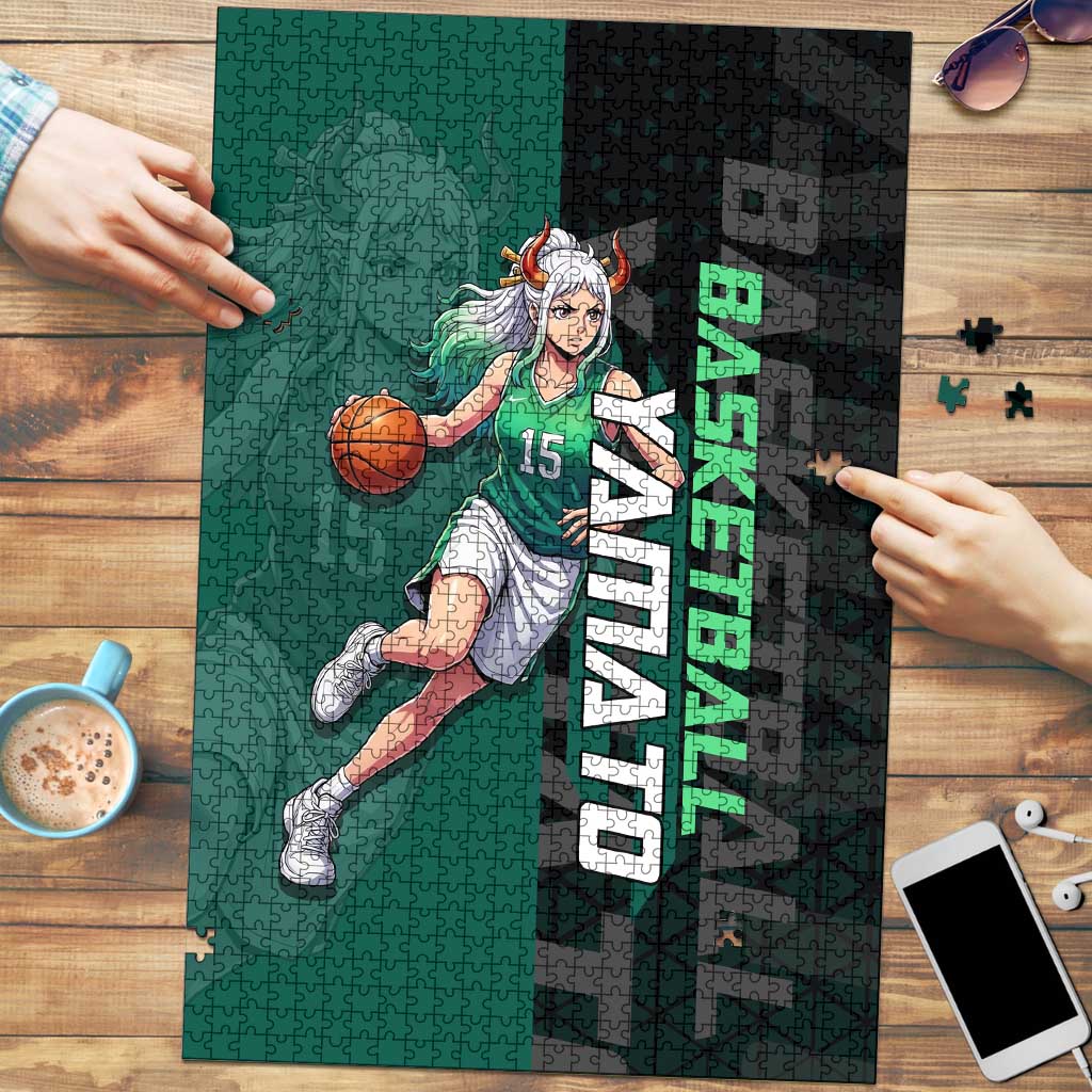 Yamato One Piece Basketball Theme Green and Black Design Puzzle with Oni Mask Emblem and Dynamic Pose - The Mazicc