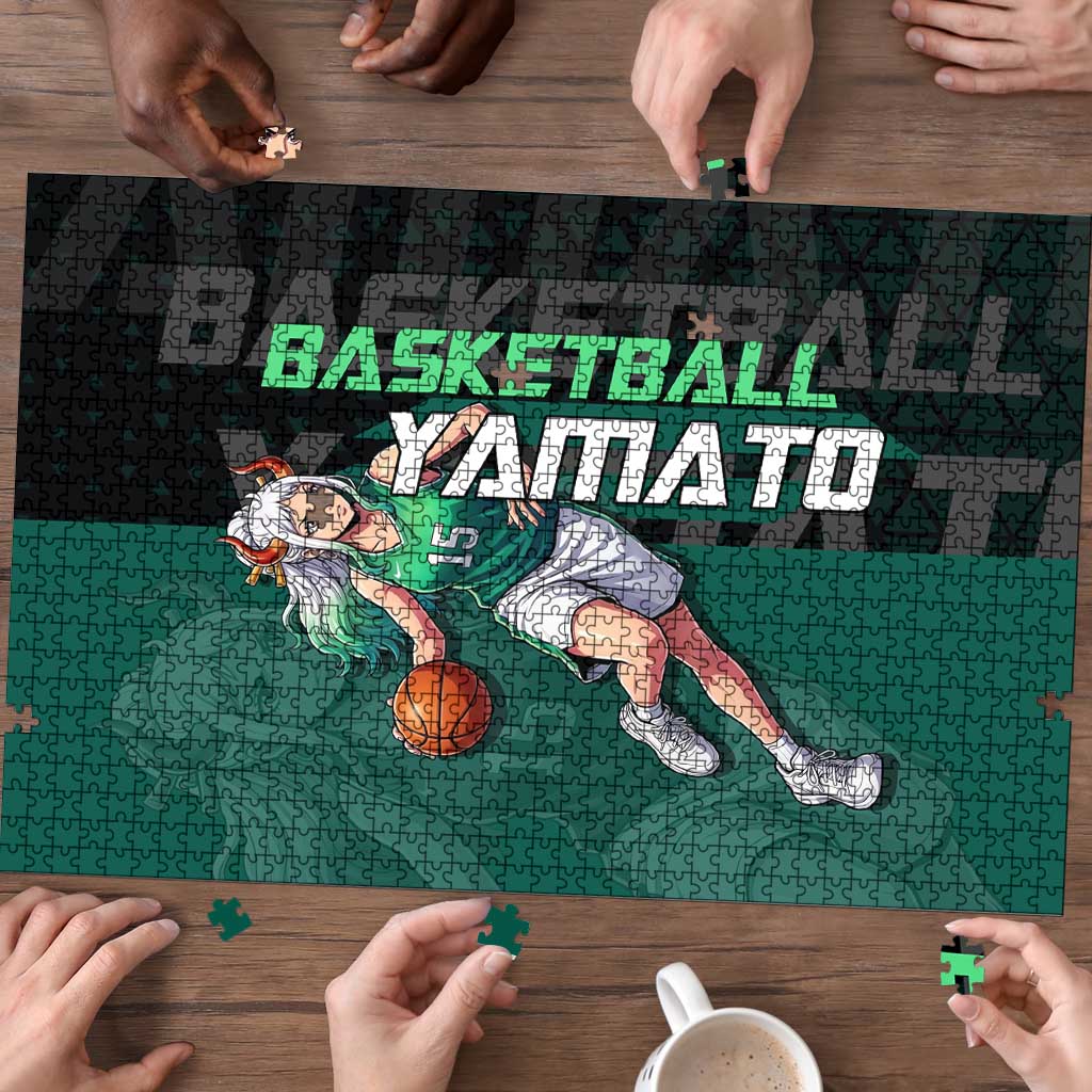 Yamato One Piece Basketball Theme Green and Black Design Puzzle with Oni Mask Emblem and Dynamic Pose - The Mazicc