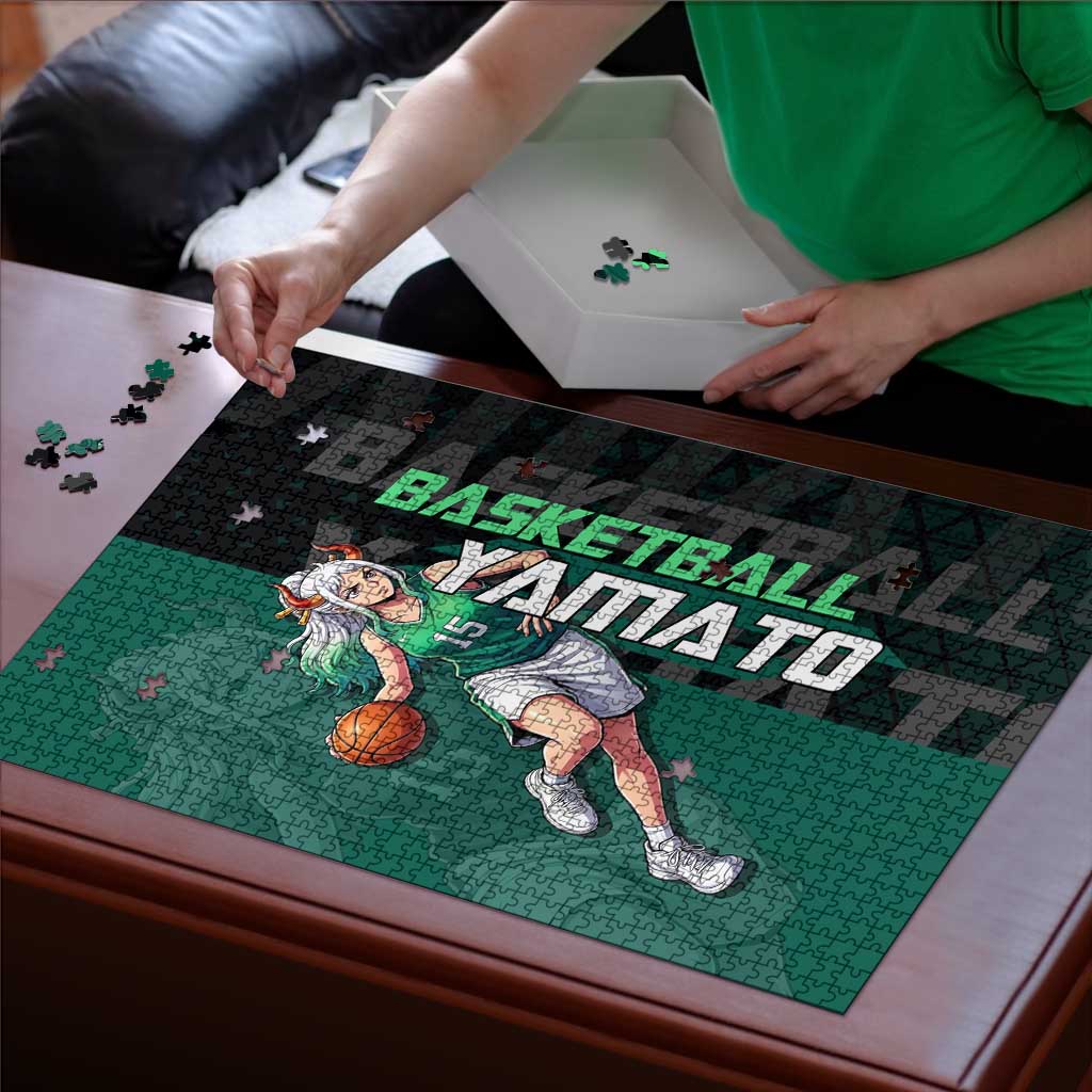 Yamato One Piece Basketball Theme Green and Black Design Puzzle with Oni Mask Emblem and Dynamic Pose - The Mazicc