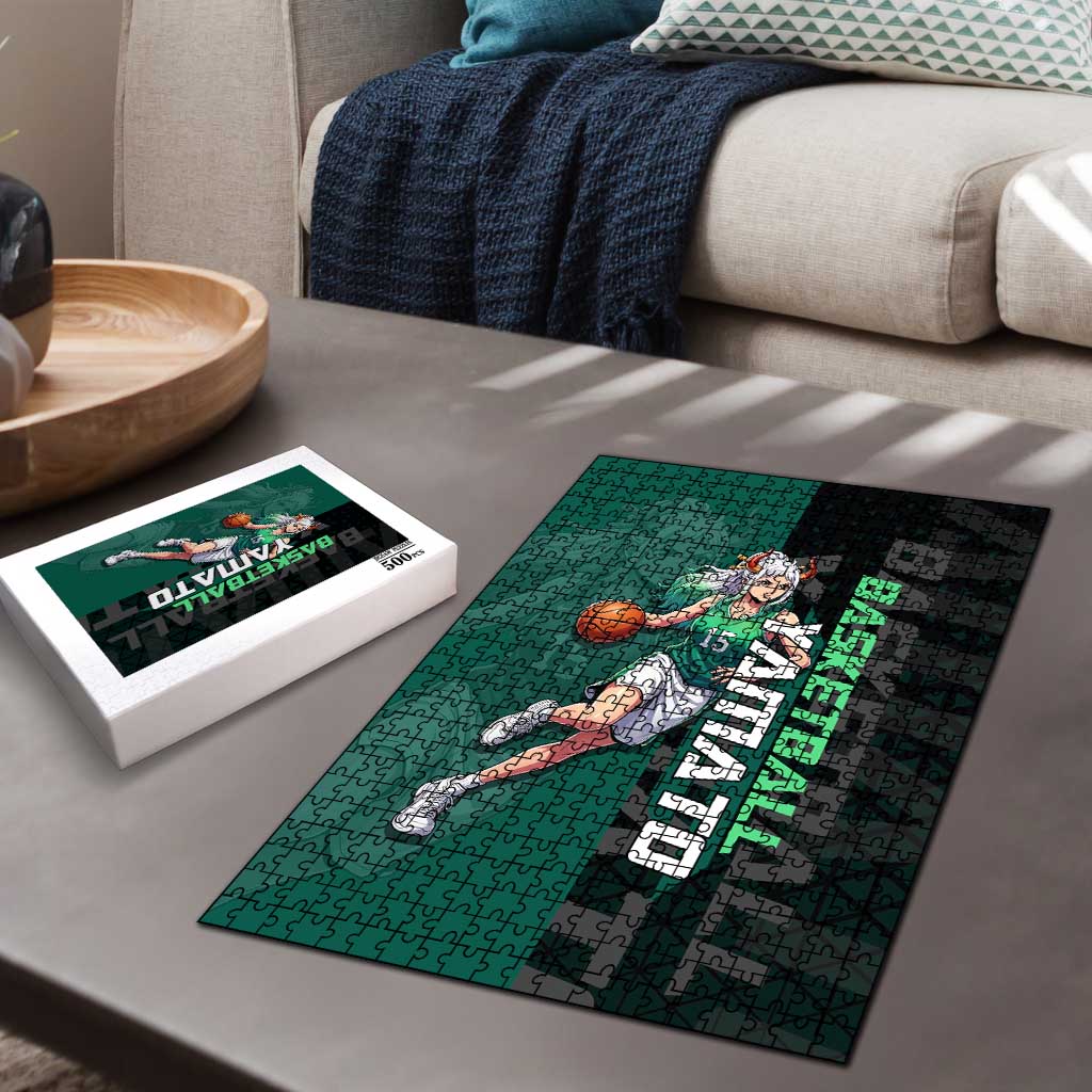 Yamato One Piece Basketball Theme Green and Black Design Puzzle with Oni Mask Emblem and Dynamic Pose - The Mazicc