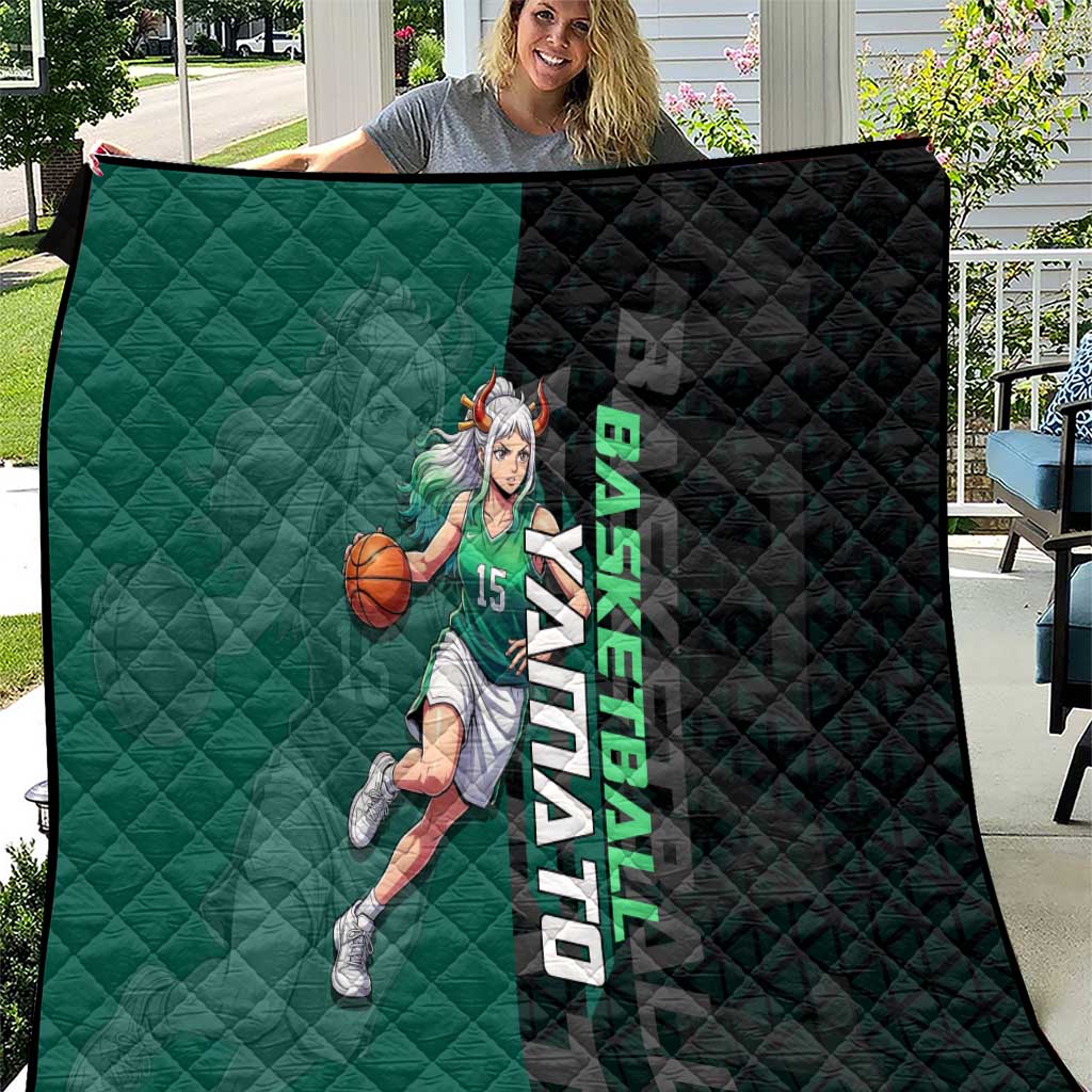 Yamato One Piece Basketball Theme Green and Black Design Quilt with Oni Mask Emblem and Dynamic Pose - The Mazicc