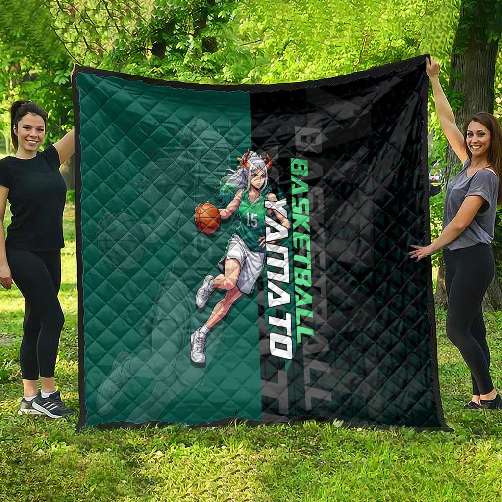 Yamato One Piece Basketball Theme Green and Black Design Quilt with Oni Mask Emblem and Dynamic Pose - The Mazicc