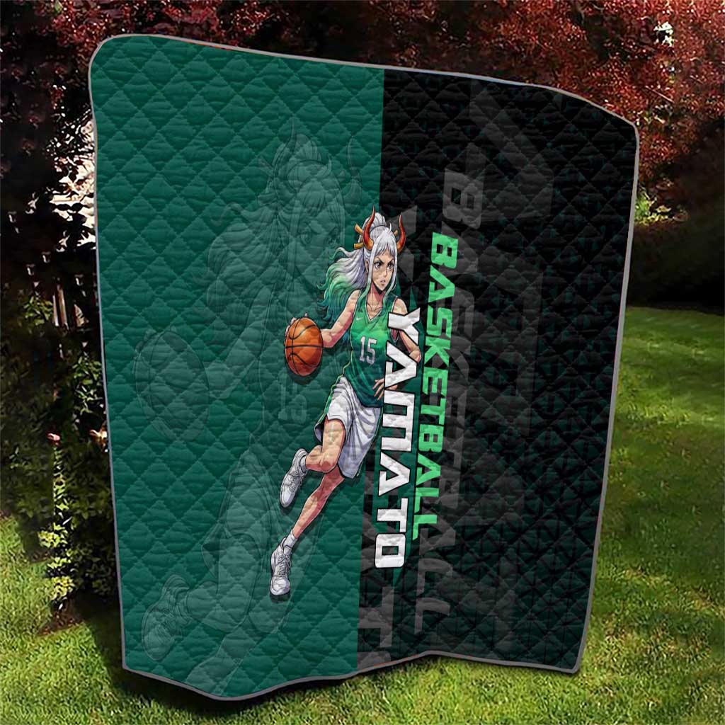 Yamato One Piece Basketball Theme Green and Black Design Quilt with Oni Mask Emblem and Dynamic Pose - The Mazicc