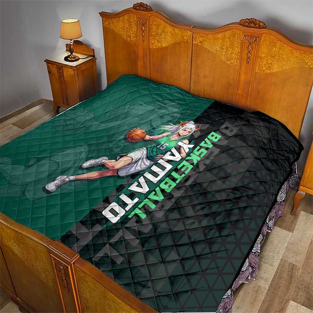 Yamato One Piece Basketball Theme Green and Black Design Quilt with Oni Mask Emblem and Dynamic Pose - The Mazicc