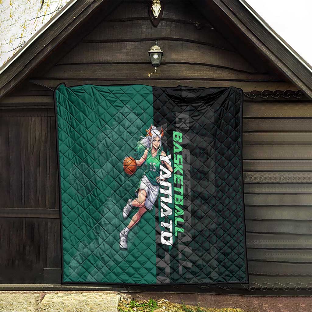 Yamato One Piece Basketball Theme Green and Black Design Quilt with Oni Mask Emblem and Dynamic Pose - The Mazicc