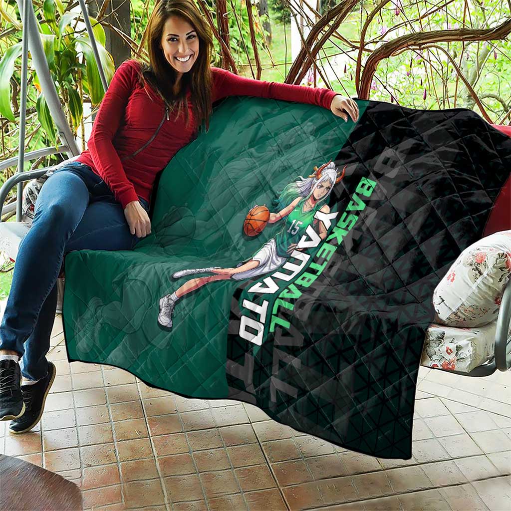 Yamato One Piece Basketball Theme Green and Black Design Quilt with Oni Mask Emblem and Dynamic Pose - The Mazicc