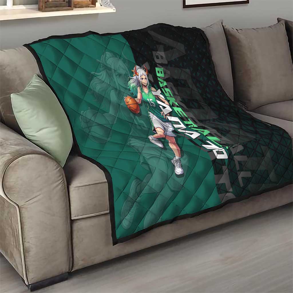 Yamato One Piece Basketball Theme Green and Black Design Quilt with Oni Mask Emblem and Dynamic Pose - The Mazicc