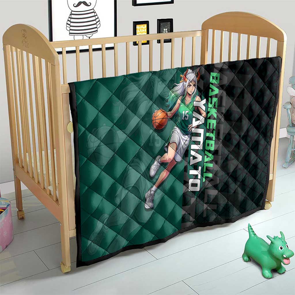 Yamato One Piece Basketball Theme Green and Black Design Quilt with Oni Mask Emblem and Dynamic Pose - The Mazicc